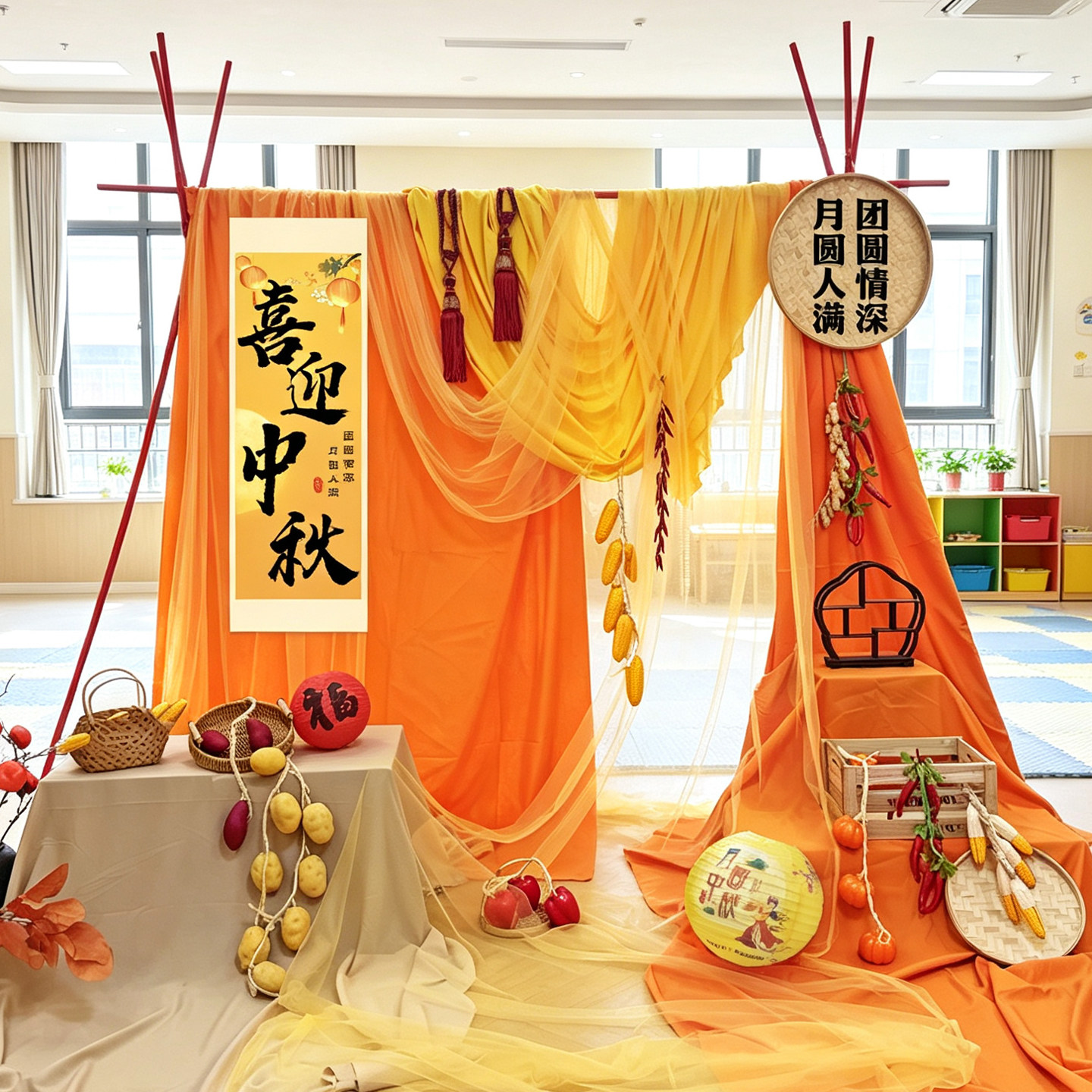中秋节古风中式背景布装饰布置4S店商场银行大堂珠宝店铺氛围摆件