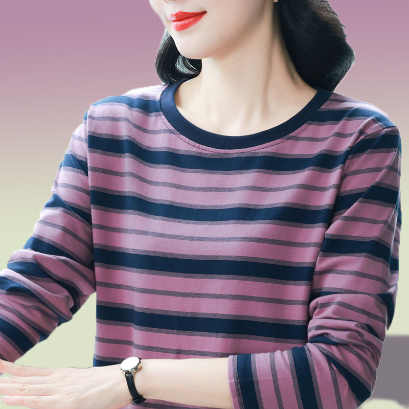 长袖间条纹棉T恤圆领宽松显瘦遮肚时尚上衣大码女装打底衫妈妈款