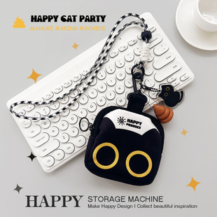HAPPY原创可爱小黑猫随身袋零钱包便携学生便携百搭耳机杂物收纳