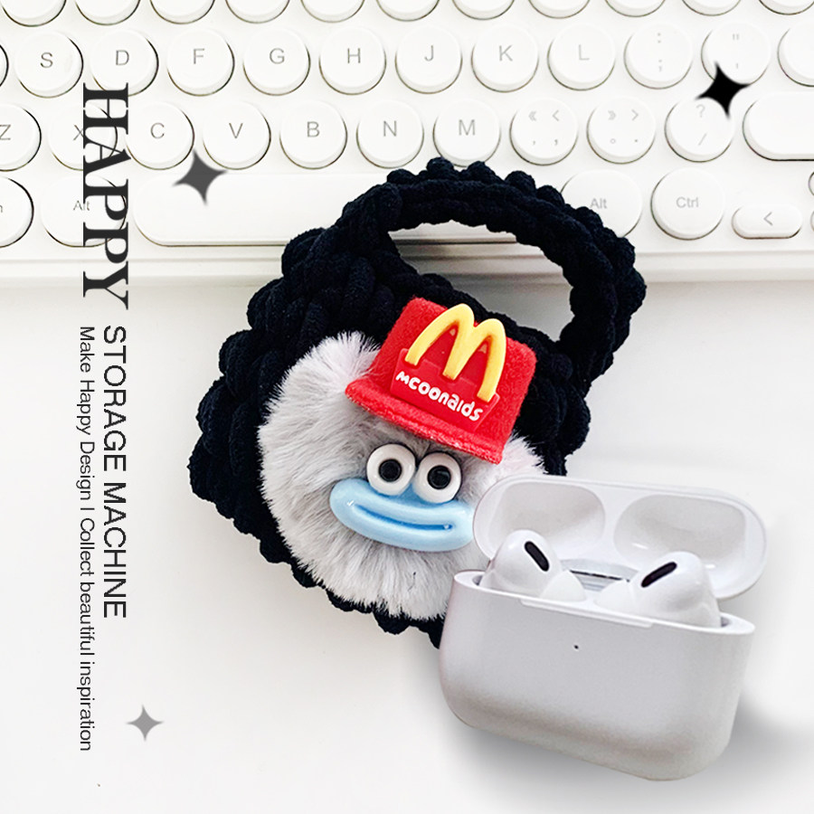 HAPPY黑色M记丑八怪耳机包毛绒蓝牙耳机保护套适用苹果airpods3小米华为vivo爱国者通用情侣挂件包配饰百搭