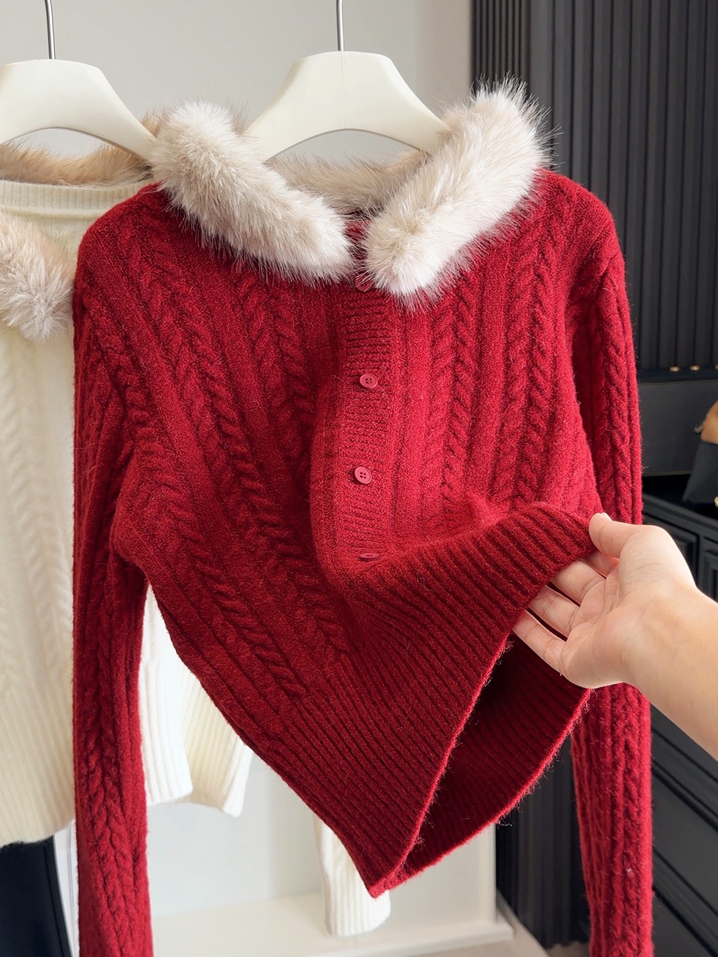 毛领可拆针织衫女秋冬修身显瘦麻花毛衣外套纯色内搭打底衫上衣