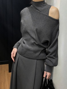 时尚设计感半高领背心配露肩毛针织衫两件套装女秋冬宽松显瘦上衣