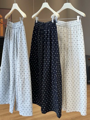 竹节棉麻起球裤女春夏松紧腰中长款垂坠感显瘦休闲简约波点裤下装