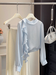 纯色上衣 女春秋宽松显瘦百搭薄款 不规则荷叶边飘带肩扣长袖 衬衫