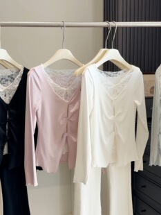 纯欲假两件蕾丝拼接打底衫女春秋修身显瘦收腰长袖T恤内搭上衣