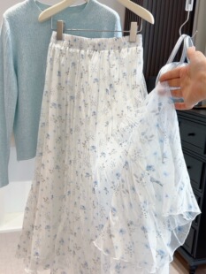 春夏女装飘逸清新松紧腰碎花半身裙下摆不规则大摆垂坠显瘦下装