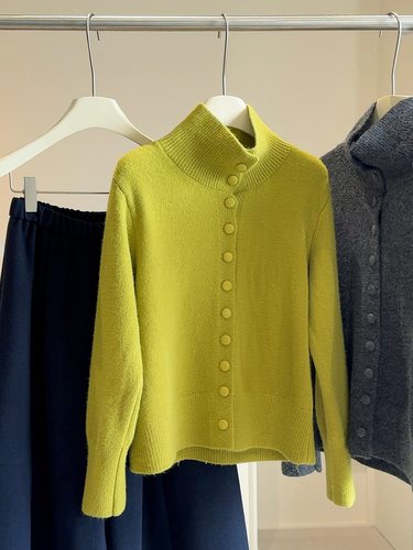 立领包扣毛衣开衫外套女秋冬加厚单排扣长袖宽松纯色外穿针织上衣