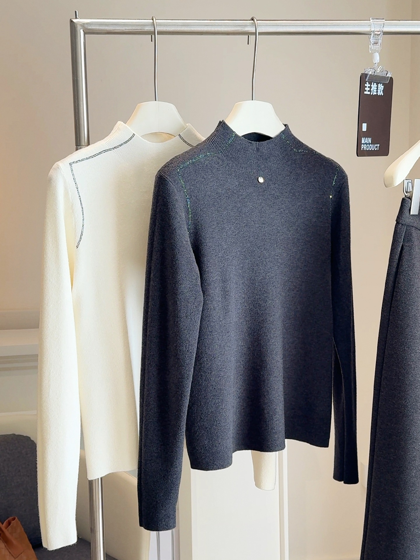 时尚立领重工烫钻毛针织衫女秋冬修身显瘦内搭毛衣套头打底衫上衣