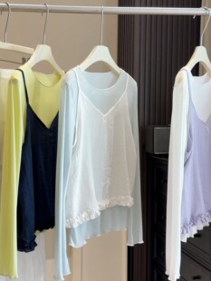 木耳边V领吊带背心配长袖 百搭甜美小个子上衣 T恤叠穿两件套薄款