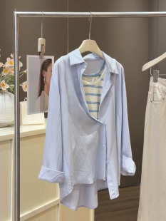 配条纹吊带两件套女夏设计感洋气显瘦宽松白搭空调衫 翻领长袖 衬衫