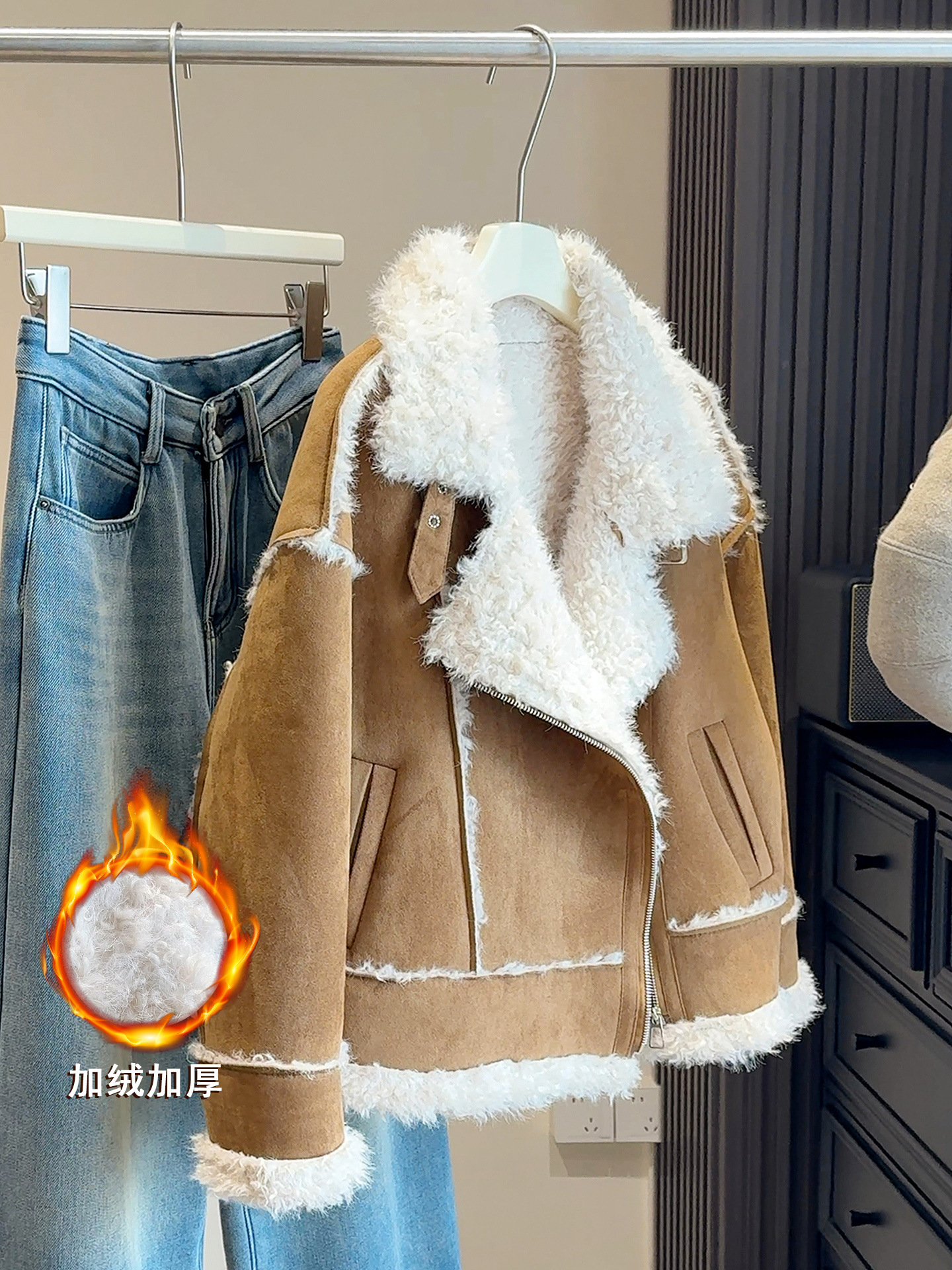 冬季女装毛绒翻领加厚皮毛一体麂皮绒皮草保暖外套百搭开衫上衣