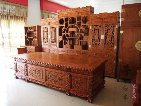 红木家具 办公家具 缅甸花梨木草花梨办公桌 带书柜一套 书房