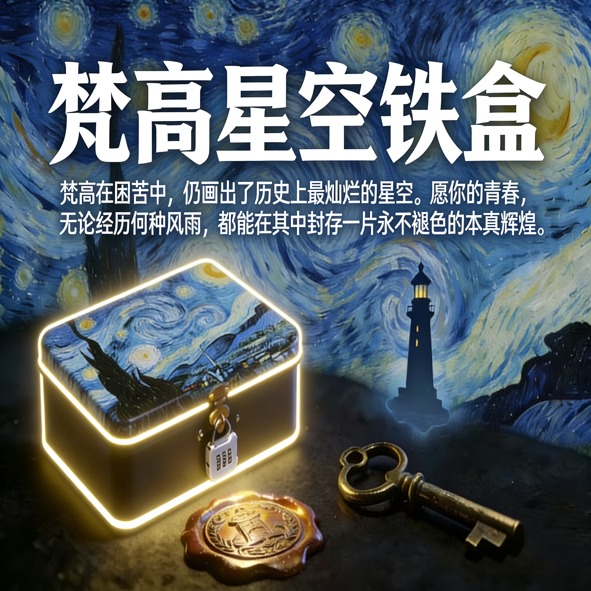 梵高星空夜带锁大铁盒 大学生纪漆器