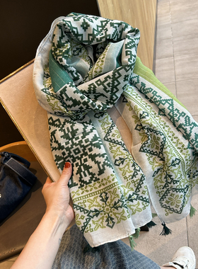 抹茶绿色图腾印花丝巾女夏季韩版百搭纱巾围巾流苏沙滩巾防晒披肩