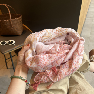 丝巾女夏季韩版印花流苏百搭纱巾办公室空调围巾棉麻手感防晒披肩