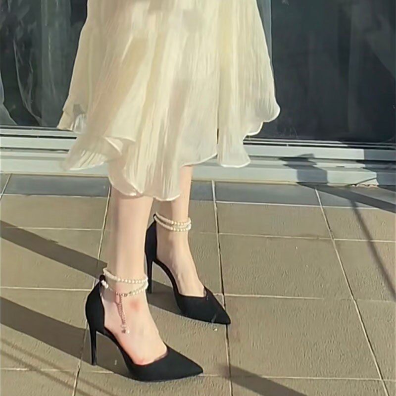 尖头凉鞋女2022夏天新款一字扣带仙女细跟珍珠绑带性感高跟鞋单鞋