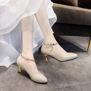 配礼服的高跟鞋女学生秋冬季粗跟宴会中跟公主表演扣带伴娘水晶鞋