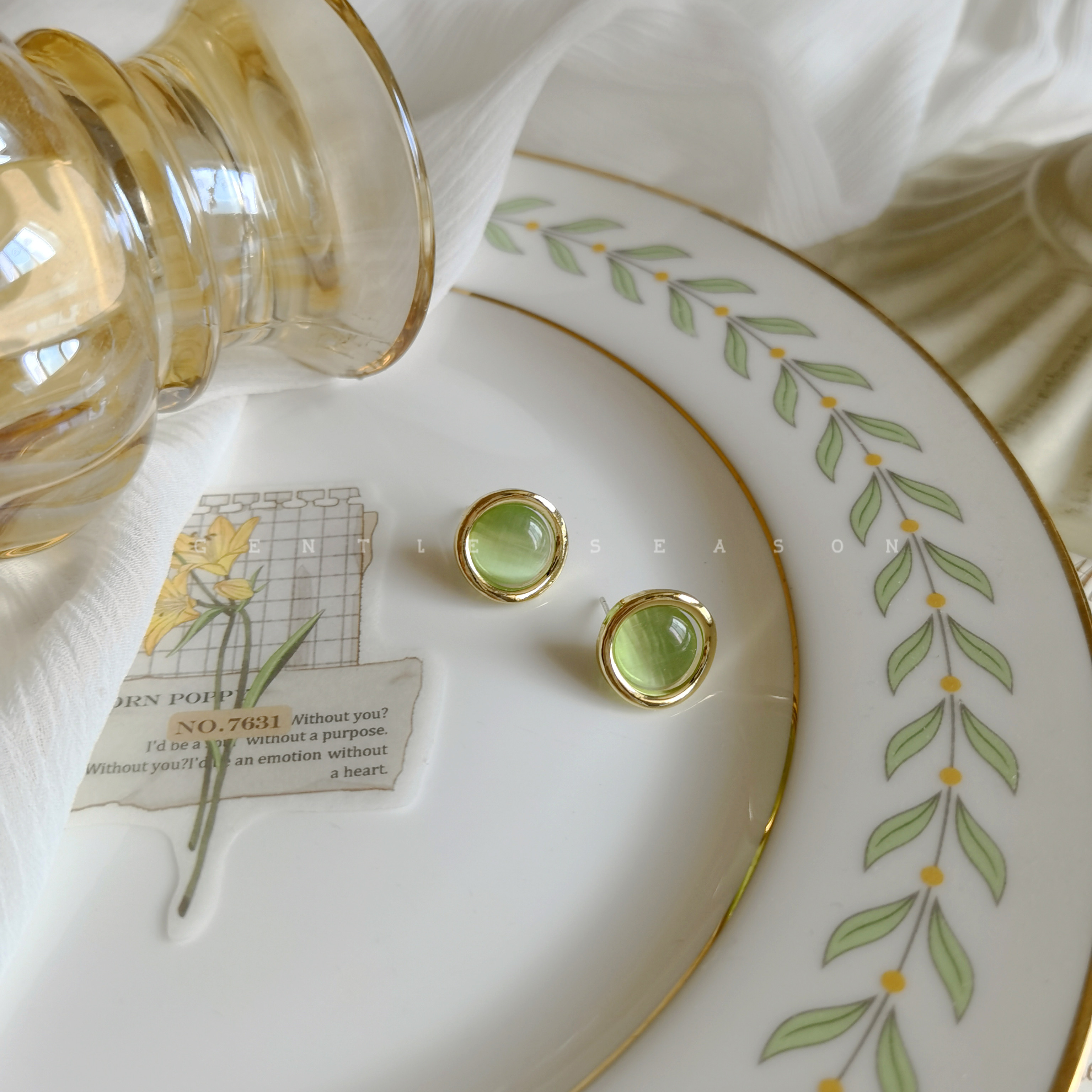 法式清新小众设计绿色猫眼耳钉