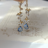 冰川蝴蝶 法式 复古高级感精致闪耀海蓝色宝石蝴蝶耳环蚊香盘耳夹