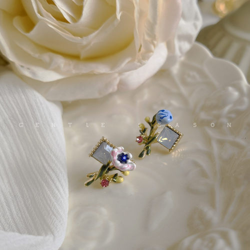 法式复古艺术感彩绘花朵耳环