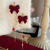 可爱甜心 秋冬红色蝴蝶结流苏耳环女甜美少女长款 水滴耳环耳饰