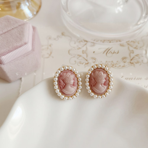 法式少女。复古巴洛克浮雕粉色古董美人珍珠温柔气质耳钉耳夹耳饰