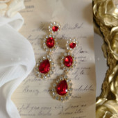 奥地利浮光 复古舞会法式 高级感闪耀水滴红色宝石过年耳钉耳环女