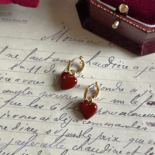 复古红色爱心耳环耳坠小众港风
