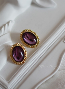 葡萄成熟时。优雅宫廷复古vintage椭圆紫色宝石古董耳钉耳夹925银