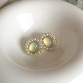 翡翠湖 复古温柔优雅百搭珍珠猫眼石耳钉蚊香盘无耳洞耳夹耳环女