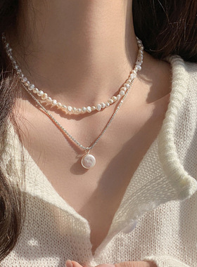 天然巴洛克淡水珍珠项链配饰女锁骨链高级感纽扣吊坠叠戴颈链饰品