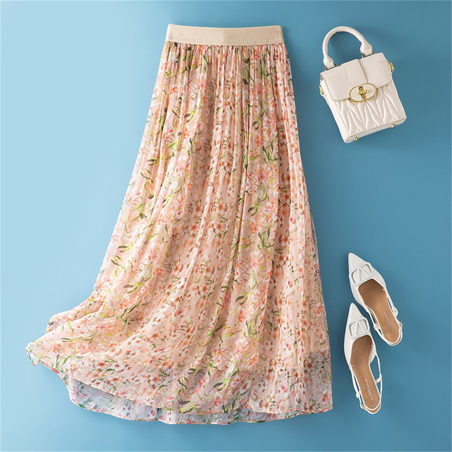 真丝碎花半身裙女2026夏新款松紧腰A字遮胯显瘦飘逸气质优雅长裙