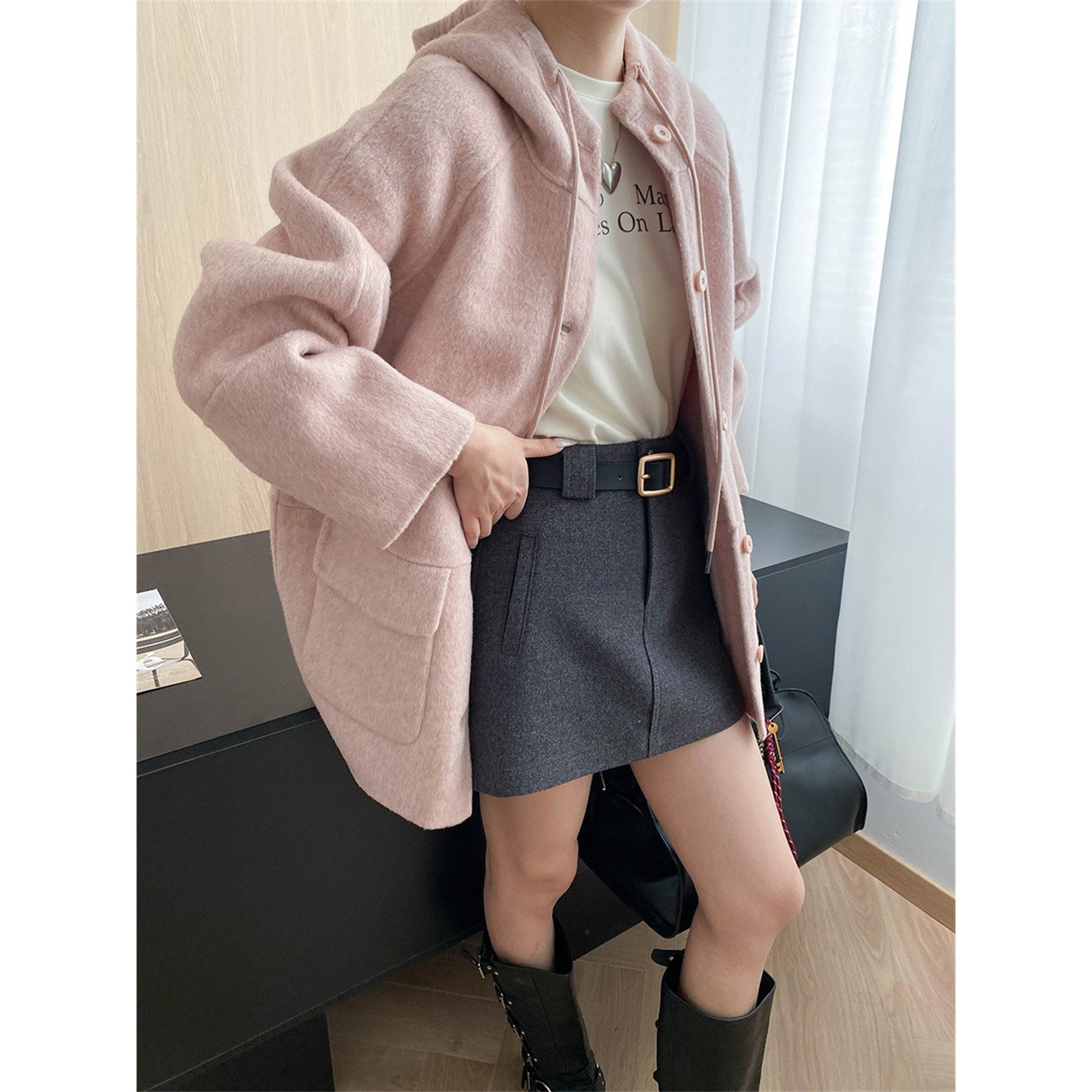 桑蚕丝羊毛双面呢大衣女2025秋季新款小个子廓形连帽抽绳外套中长,女装/女士精品,毛呢外套,淘宝优惠券,粉丝福利购,淘宝优惠卷