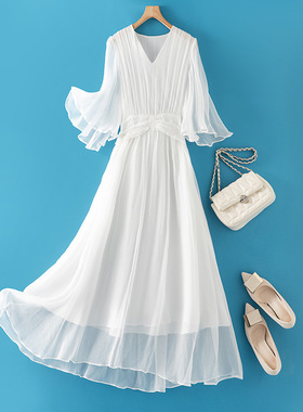 气质美jue了!重磅桑蚕丝仙美重工大摆波点印花收腰真丝连衣裙女