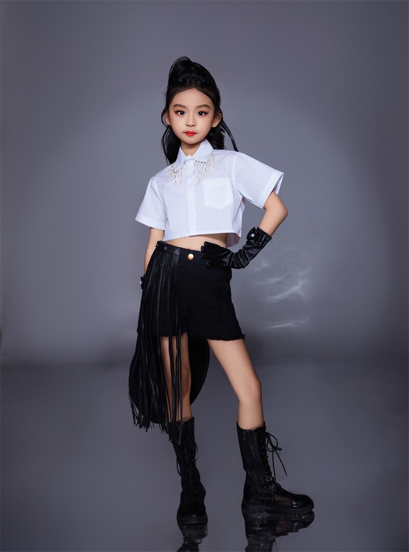 大芬儿童礼服白衬衫黑流苏短裤T台走秀服模特大赛个性中性演出服