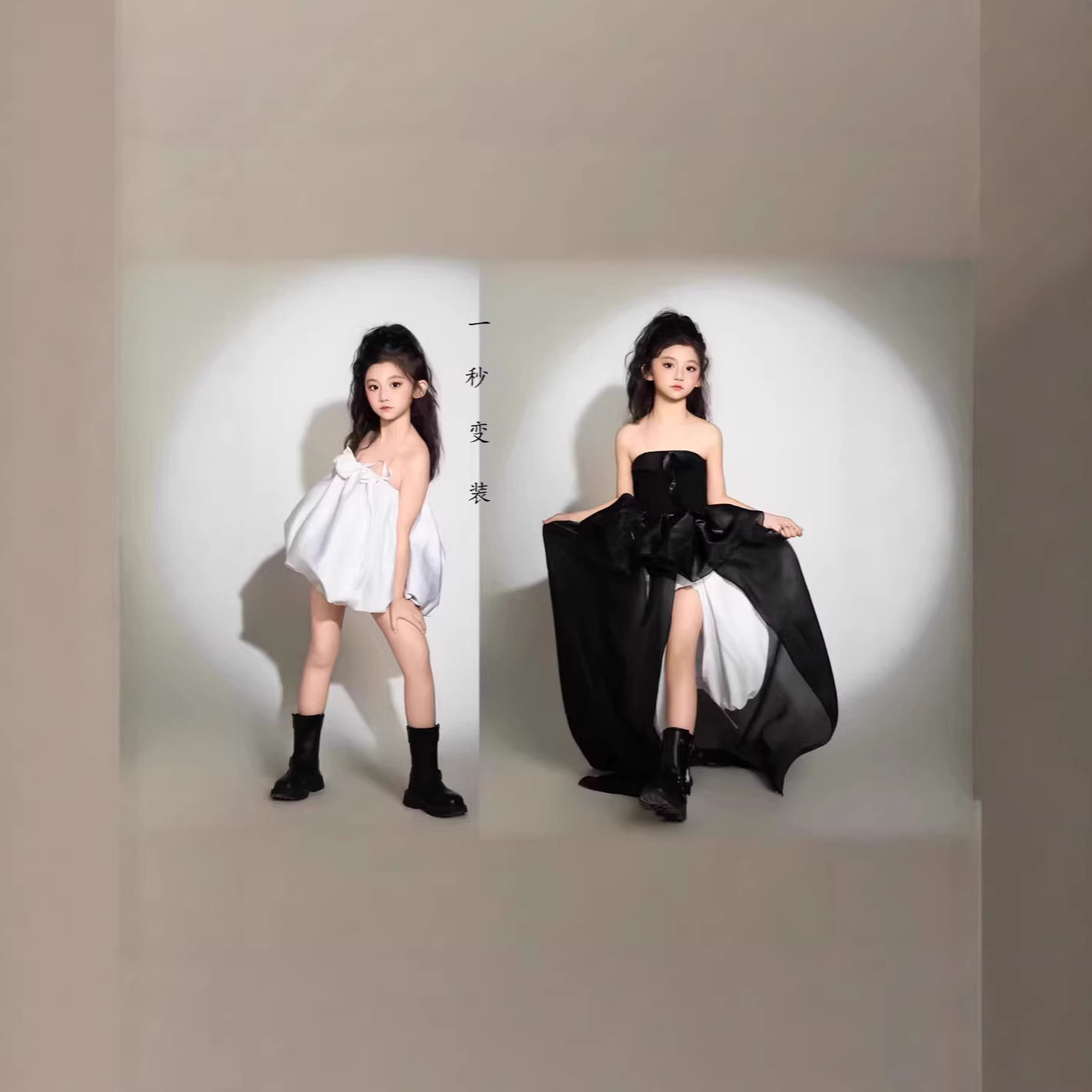 女童黑白撞色花苞礼服走秀表演图片