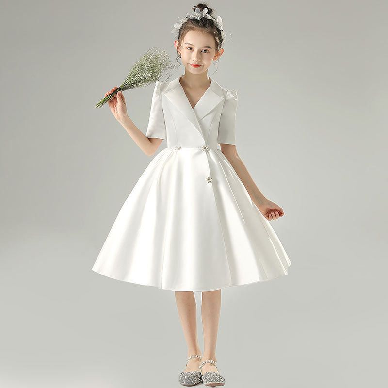 新款女童白色翻领中袖儿童礼服女童主持模特走秀钢琴演出服连衣裙