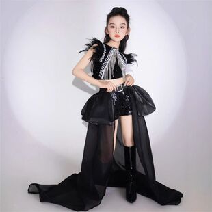 女童走秀款潮服时尚个性高端礼服T台拖尾亮片黑色裙子PK赛演出服
