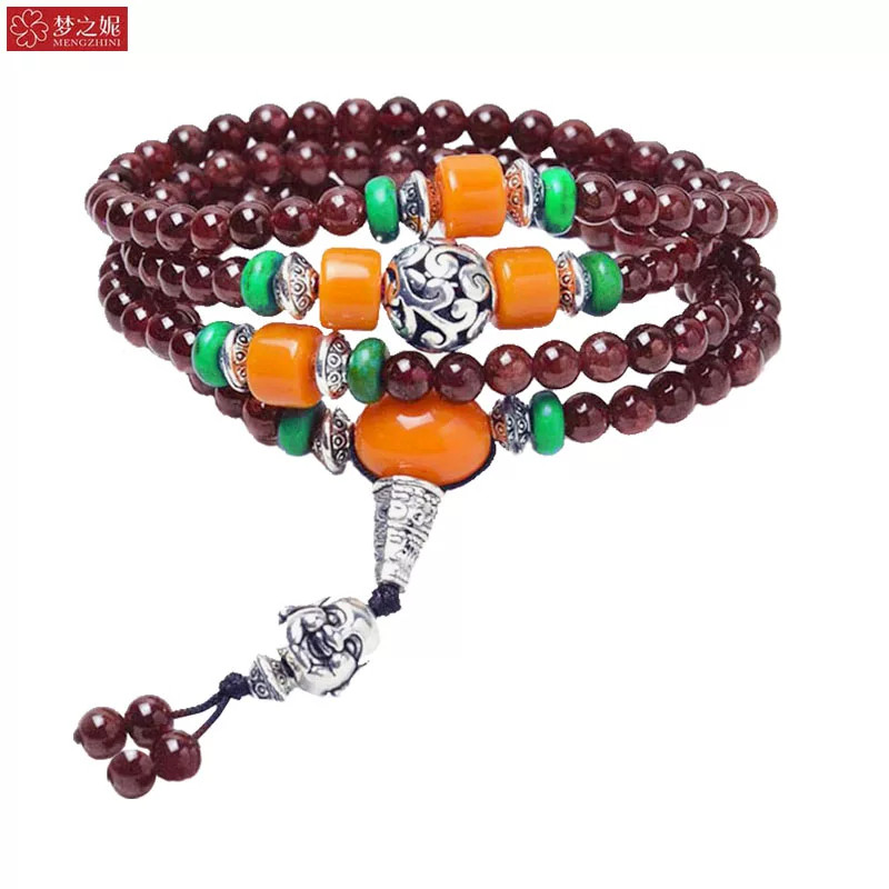 天然石榴石手串隔蜜蜡石榴石手链宝石手饰藏式酒红石榴石手饰多圈