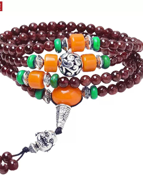 天然石榴石手串隔蜜蜡石榴石手链宝石手饰藏式酒红石榴石手饰多圈