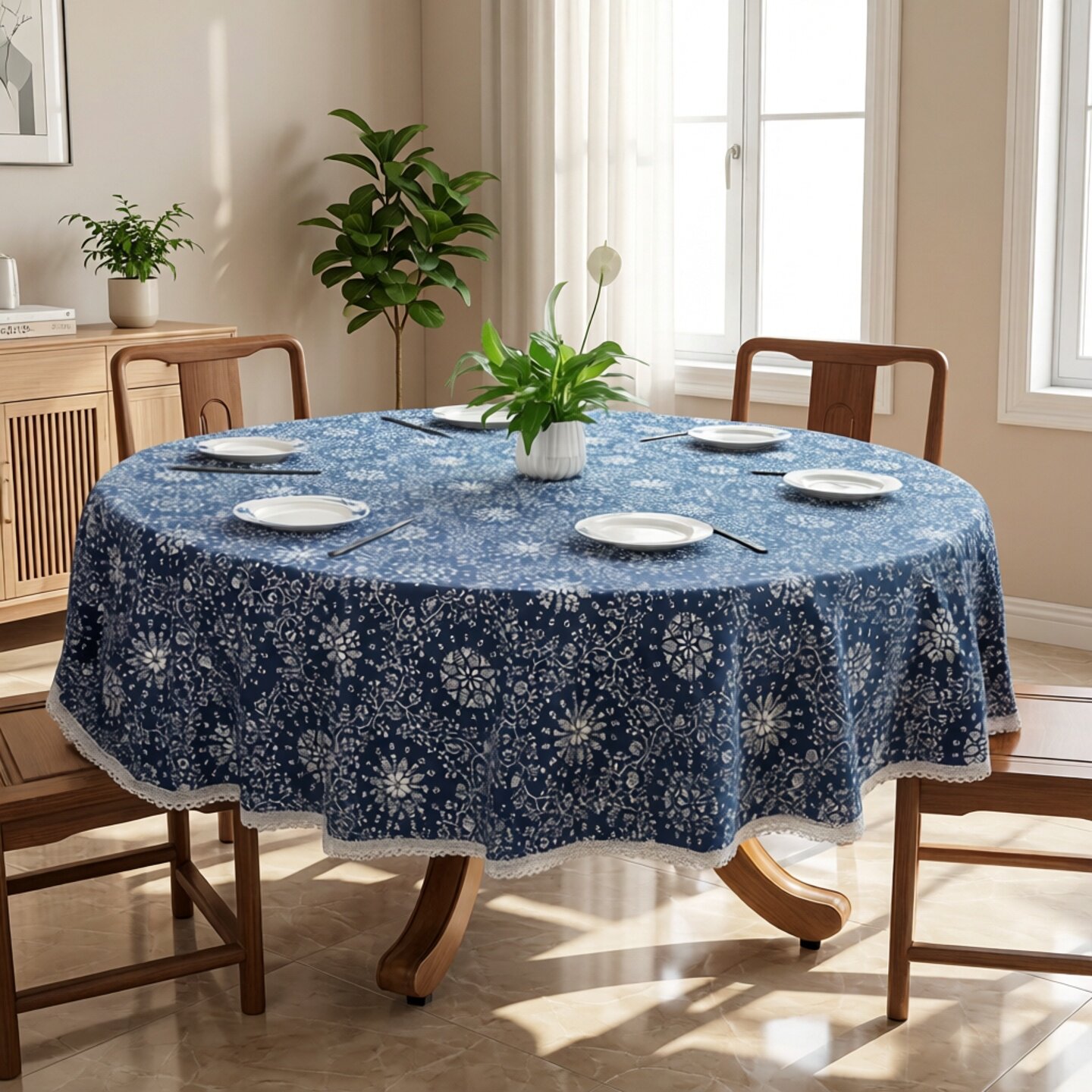 农家乐圆桌布定制厚蓝印花布田园特色帆布餐桌布酒店客厅饭店布艺