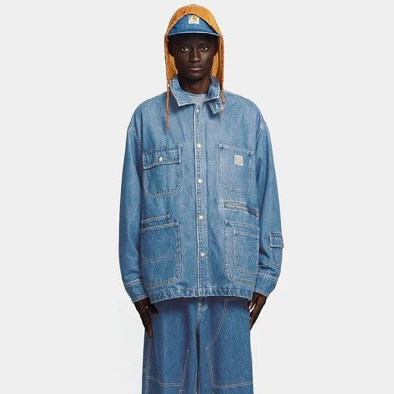 联名款Denim Chore Coat 多口袋宽松可脱卸帽密歇根牛仔外套