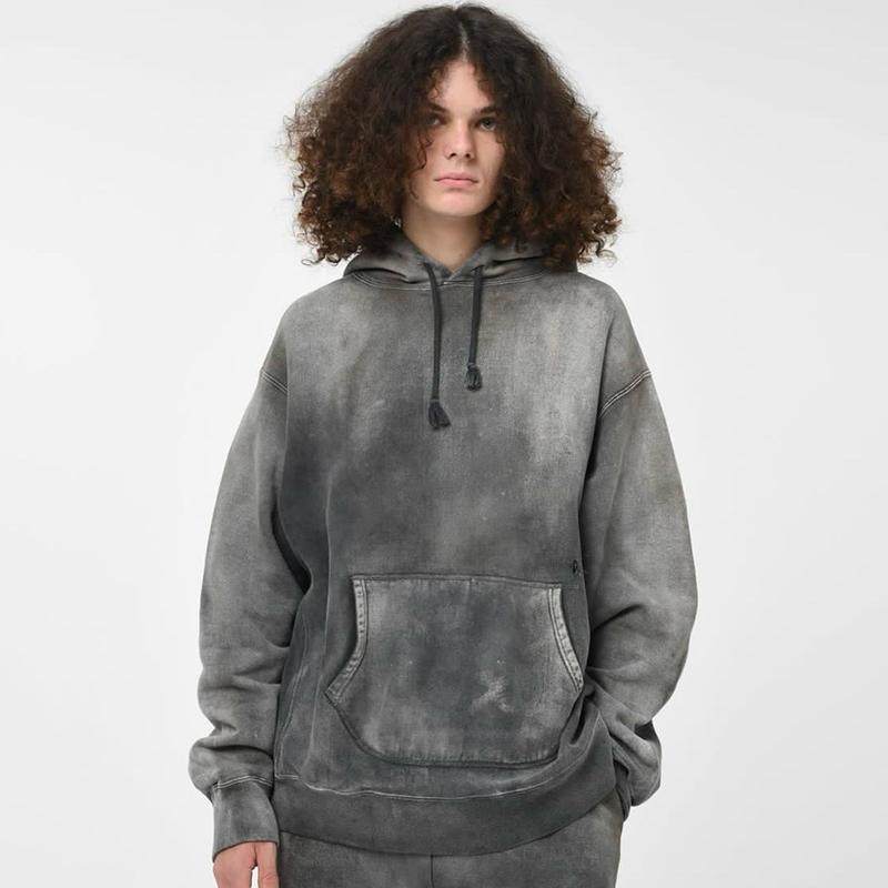BOW WOW HARD AGEING HOODIE日系水洗黑帽衫宽松重磅破坏卫衣新款
