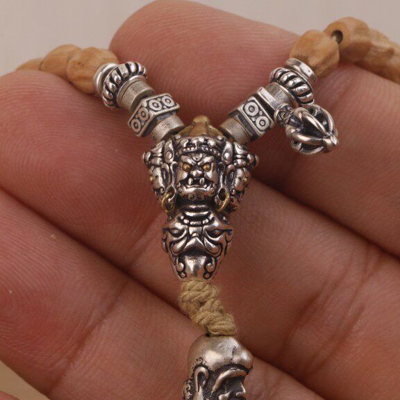 s925银饰金刚杵大黑天手串108文玩三通佛头手串念珠纯银配饰
