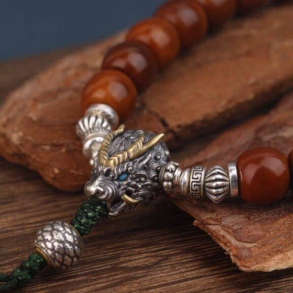 925纯银复古原创设计龙九子108星月金刚DIY配饰招财龙头三通腰珠