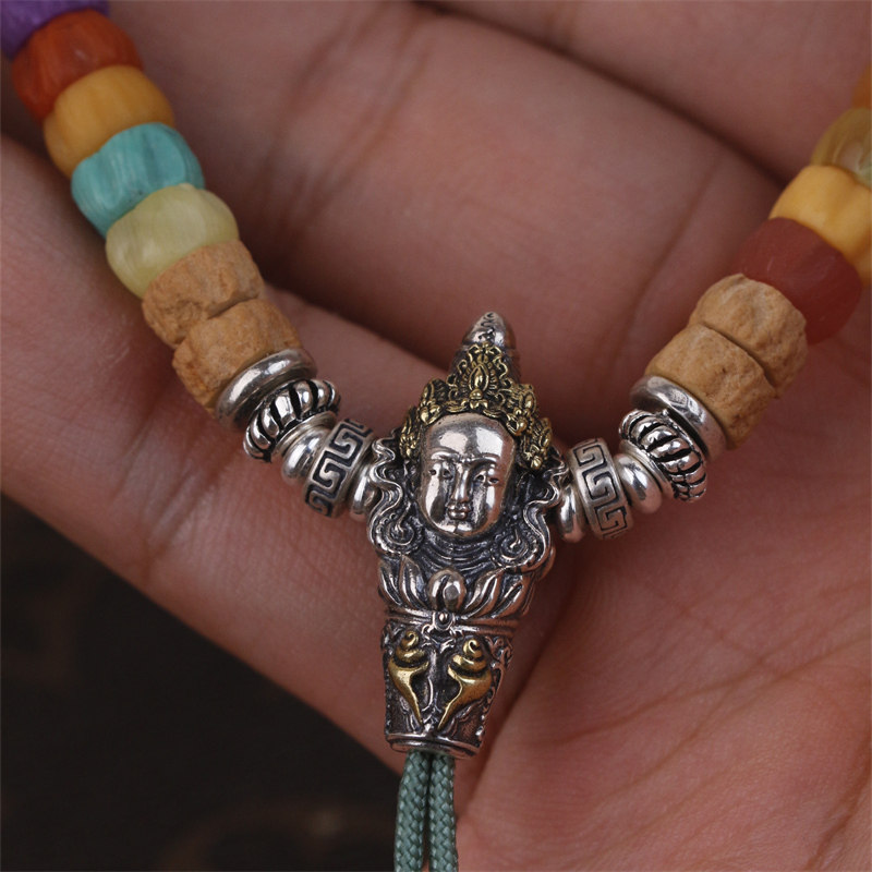 s925纯银文玩绿度母三通配饰佛头百香籽金刚星月猴头佛珠108手串