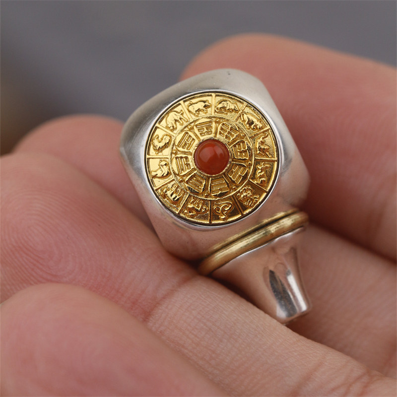 s925纯银九宫八卦可转动三通佛头藏传文玩星月金刚百香籽配饰