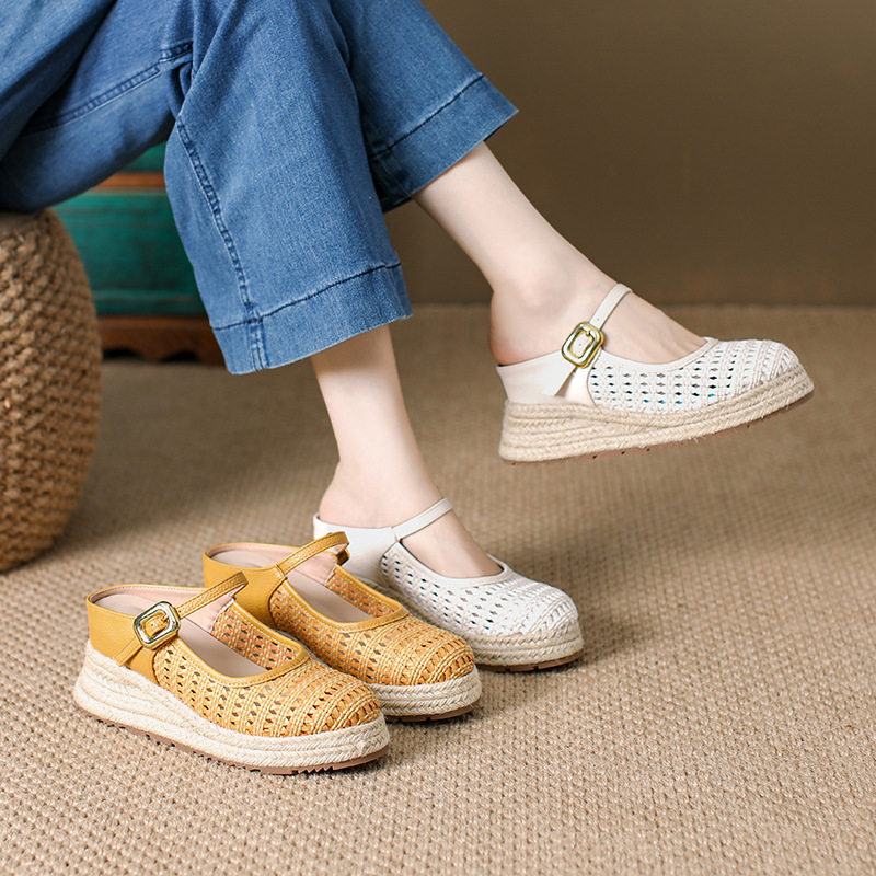 内增高8厘米~外出一字带玛丽珍凉鞋夏季厚底编织镂空包头半拖鞋女