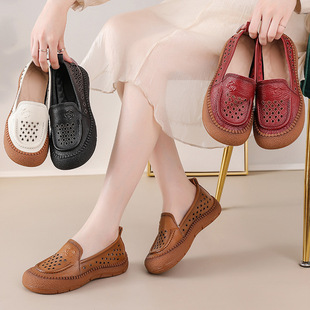 头层牛皮女鞋春夏季透气防滑厚底浅口奶奶鞋中老年洞洞鞋大码41