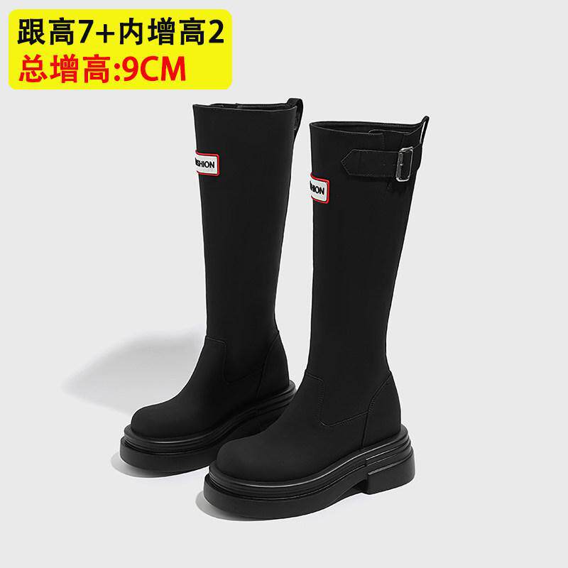 显腿长不过膝女靴秋冬季新款黑色长筒靴9厘米增高厚底骑士时装靴